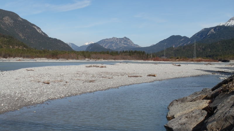 Der Lech bei Weißenbach. Viele Geröllinseln.