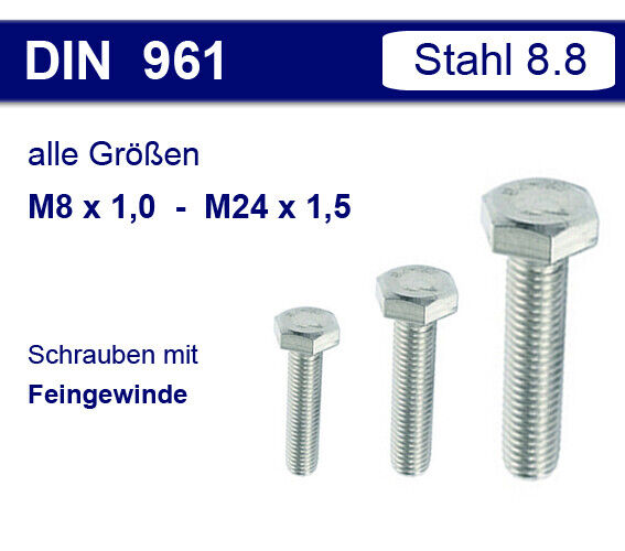 DIN 961 Sechskantschraube M8 - M24 - Feingewinde Steigung 1,0 - 1,25 - 1,5  Fein - Bild 1 von 11